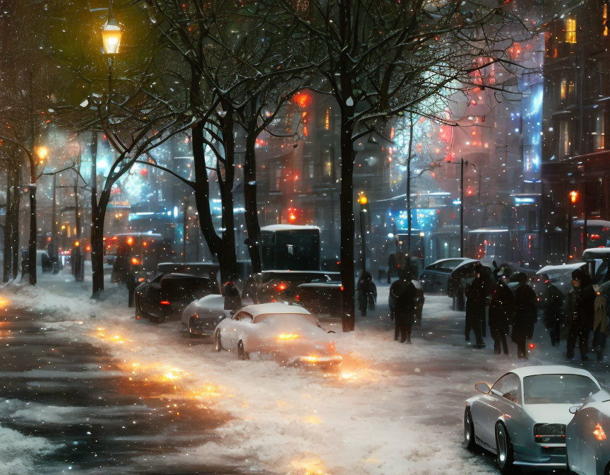 Snowfall night scene: busy street with street lamps, cars, pedestrians