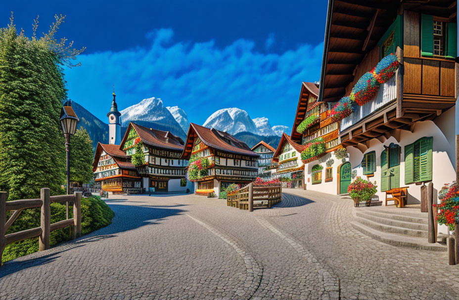Traditional houses and colorful flowers in picturesque village street with snow-capped mountains.