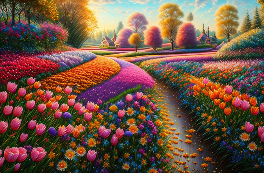 Colorful flower fields, cobblestone path, whimsical trees, and cottage in sunset landscape
