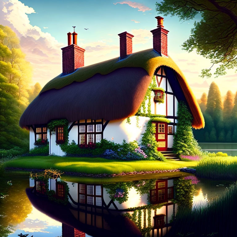 Thatched Cottage by Calm Lake at Sunset