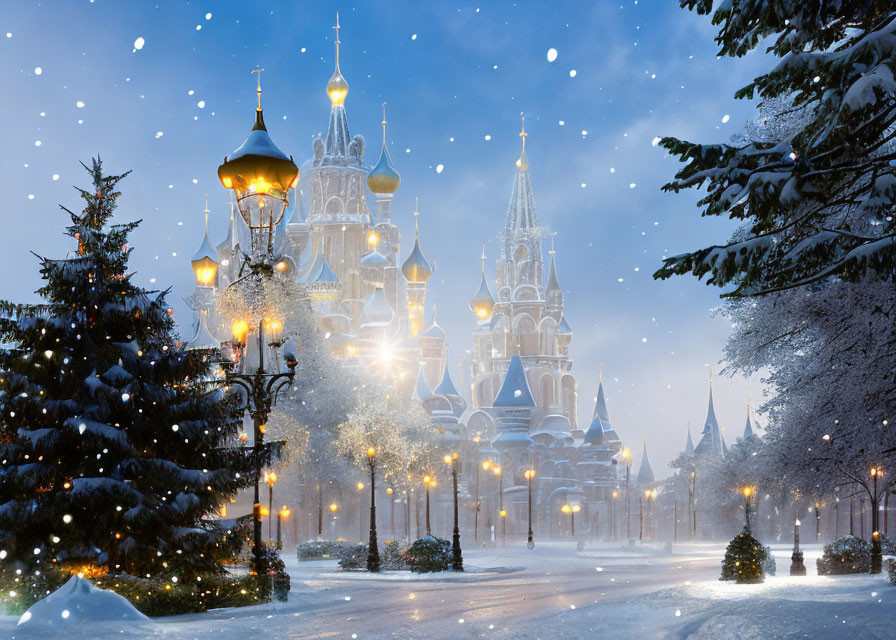 Enchanting winter castle scene with glowing lights and falling snow
