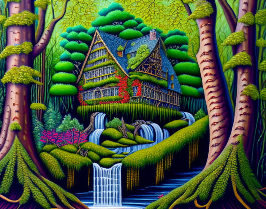 Vibrant painting of quaint house in lush forest with waterfall