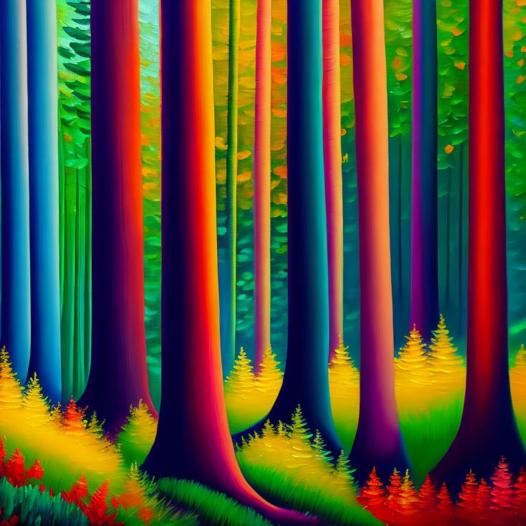 Colorful Stylized Forest Painting with Tall Trees