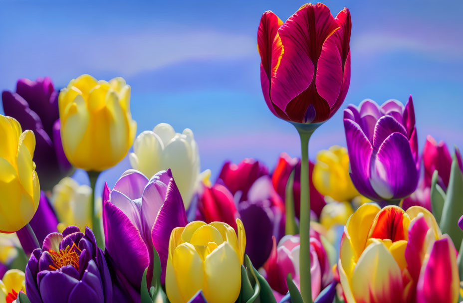 Colorful Tulips Blooming Under Clear Sky