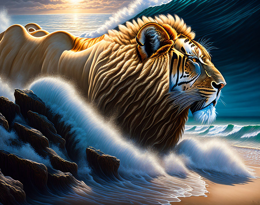 Illustration of lion with mane merging into wave symbolizing animal and ocean fusion