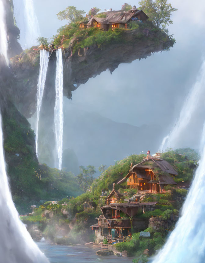 Fantasy landscape with floating island, waterfall, wooden houses, misty mountains.