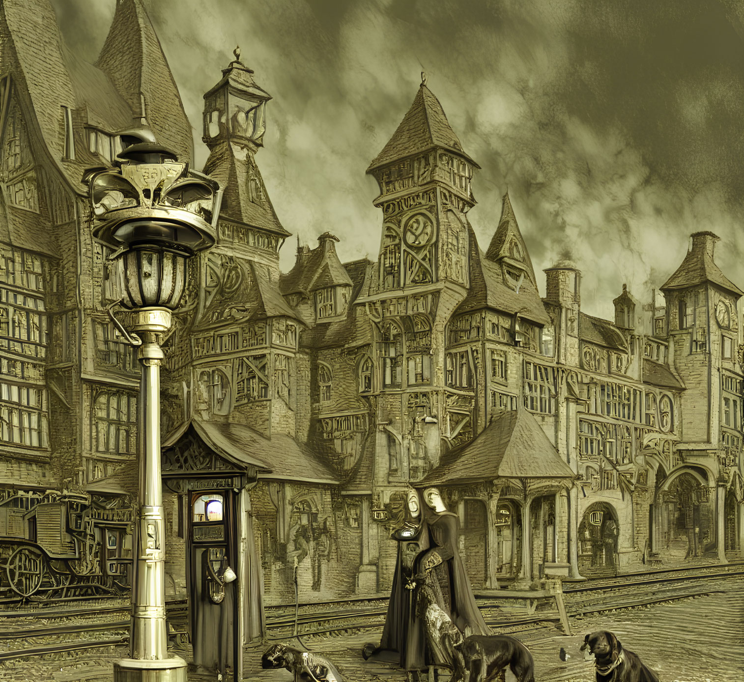 Mysterious cloaked figure with dogs in gothic cityscape