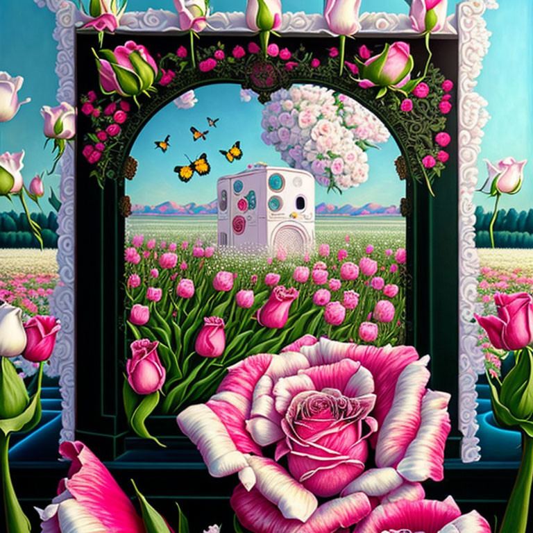 Arched doorway leads to tulip field with dice and butterflies