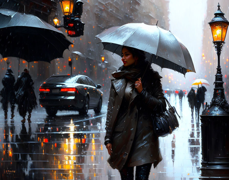 Rainy city street at night: Woman with umbrella walking under street lamp glow