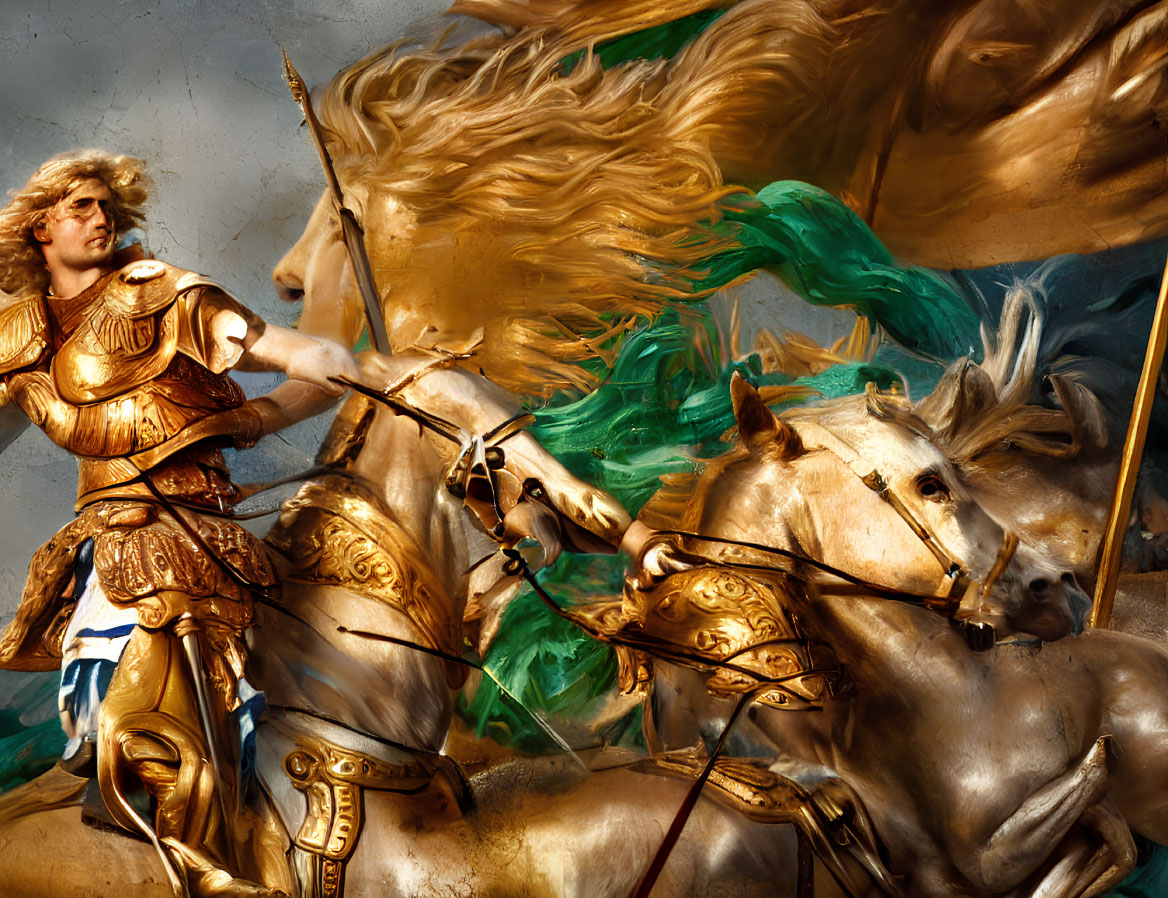Golden-armored knight on horseback in dramatic motion