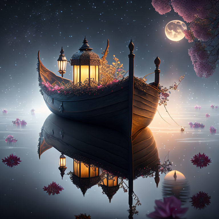 Ornate lantern-lit boat on serene moonlit water