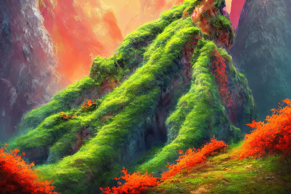 Lush Green Mountain with Fiery Red Flora under Warm Sky