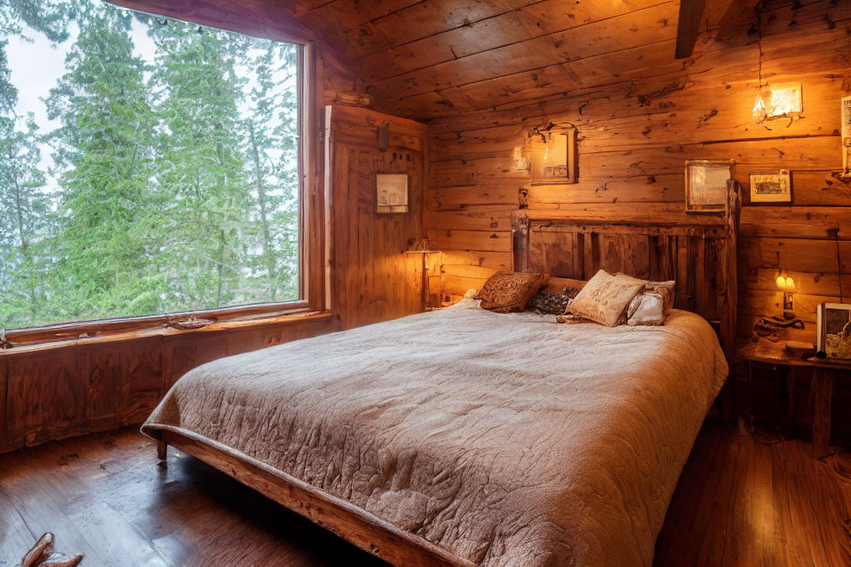 Rustic bedroom with large bed, wooden walls, & pine tree view