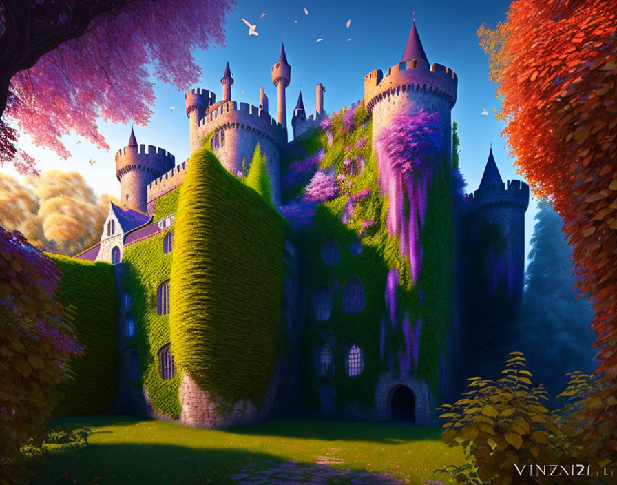Enchanting castle with green ivy, purple flora, vibrant trees, and clear blue sky