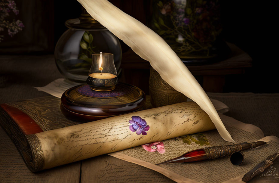 Vintage quill pen on flower-adorned parchment with candle and book