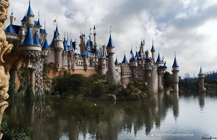 Blue-spired fairy-tale castle reflected in calm lake amid serene landscape