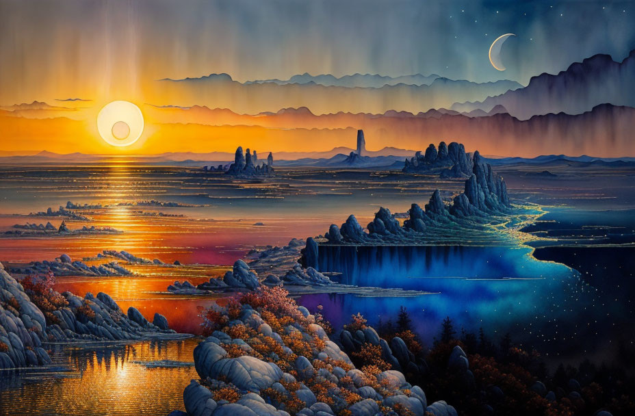 Colorful sunset landscape with cliffs, lake, vegetation, and crescent moon