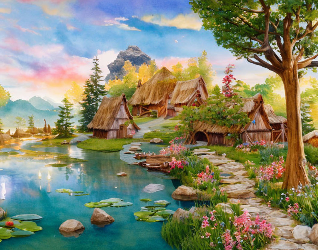 Tranquil landscape with thatched-roof cottages, serene lake, lily pads, flowers