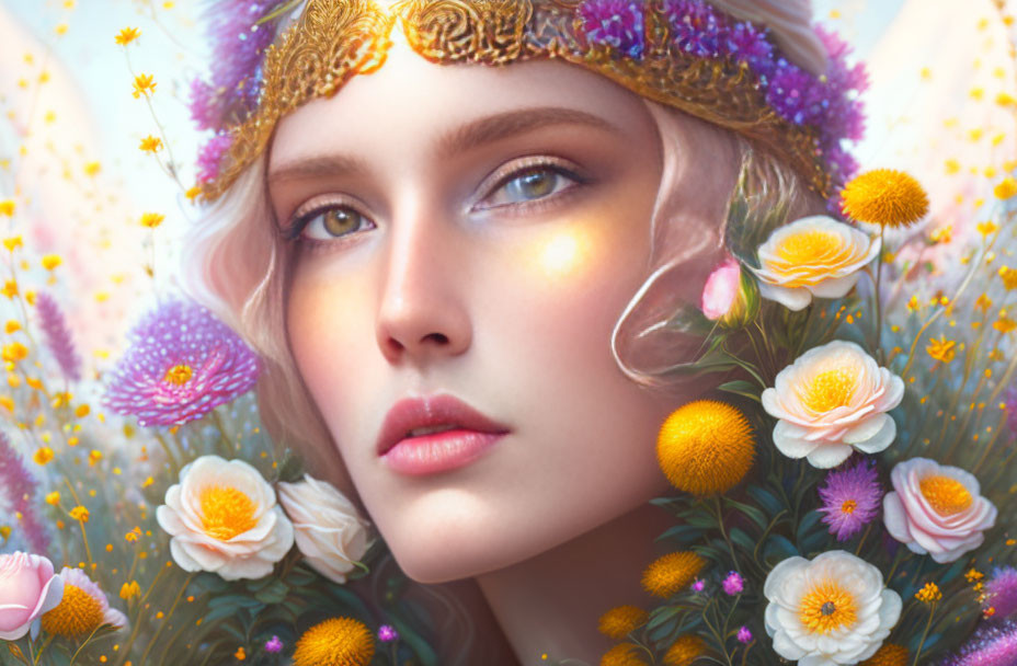 Fair-complexioned person with golden tiara, vibrant flowers, and ethereal light