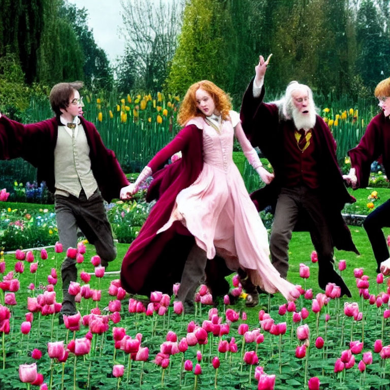 Historical clothing dancers amid pink tulips in garden