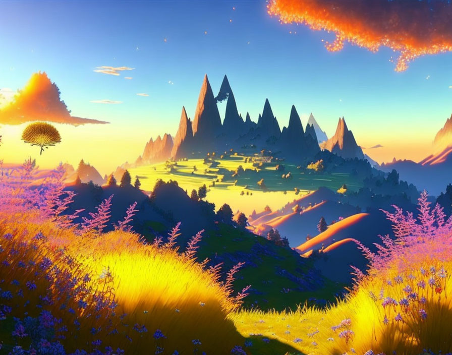 Digital Art: Tranquil Valley with Vibrant Flowers, Mountains, and Sunset-lit Sky