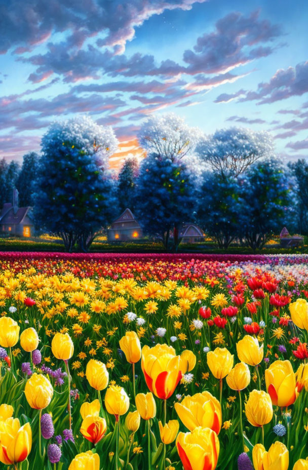 Multicolored tulip field with sunset sky and trees