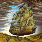 Steampunk city floating in the sky with airships and cloudy skies