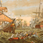 Naval battle scene with sailing ships, small boats, and billowing smoke
