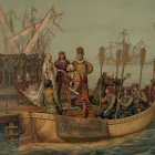 Historical maritime painting of ornate sailing ships and people waving flag.