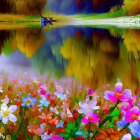 Colorful flowers and trees reflected in serene pond scene.