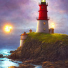 Red and White Lighthouse on Cliff with Dramatic Sunset Sky