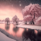 Tranquil infrared landscape with reflective lake, winding path, vibrant trees, and birds.