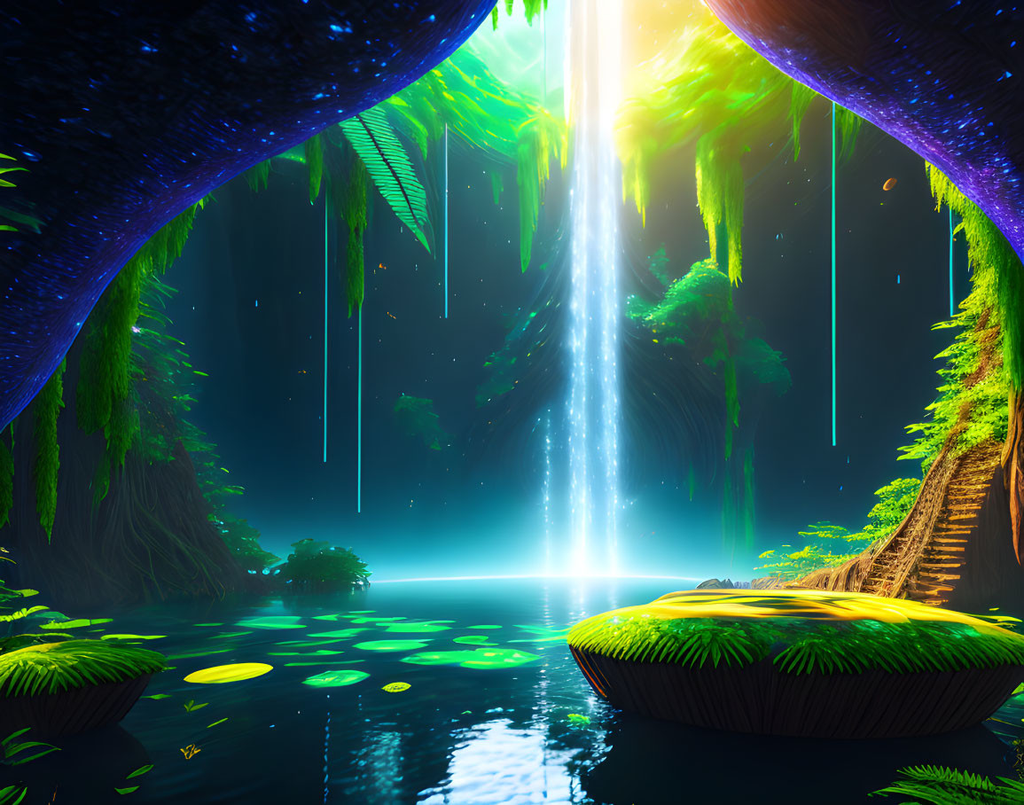 Mystical forest with glowing trees, waterfall, oversized foliage, and reflective lake