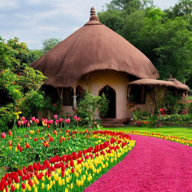 Thatched-Roof Cottage with Vibrant Tulip Garden Path