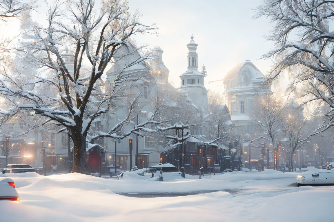 Winter cityscape with classical buildings, bare trees, and glowing lights at dusk