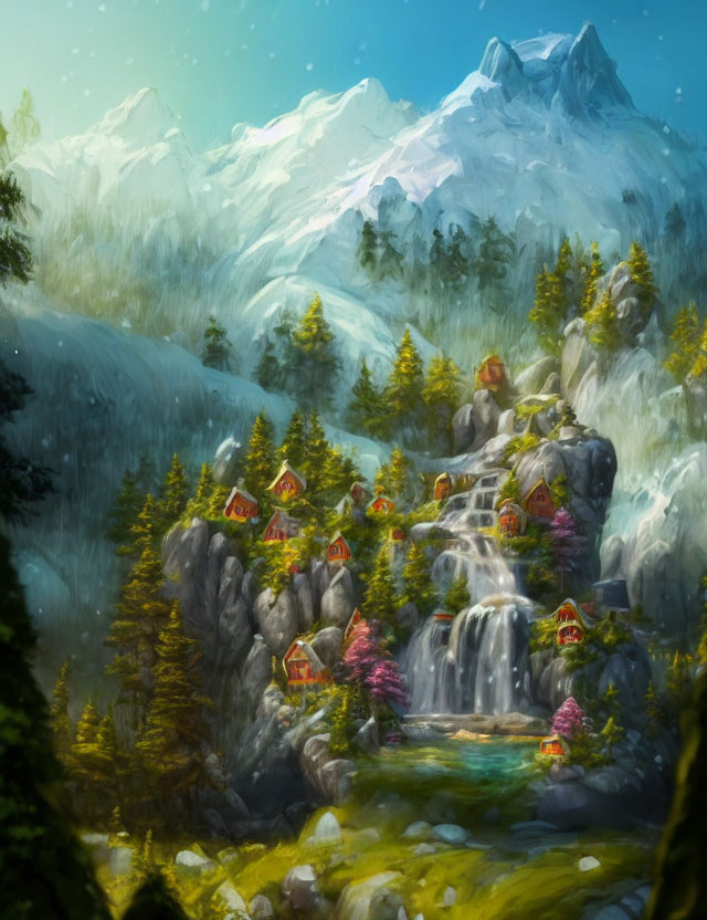 Fantasy landscape with houses, waterfalls, forests, and snowy mountains