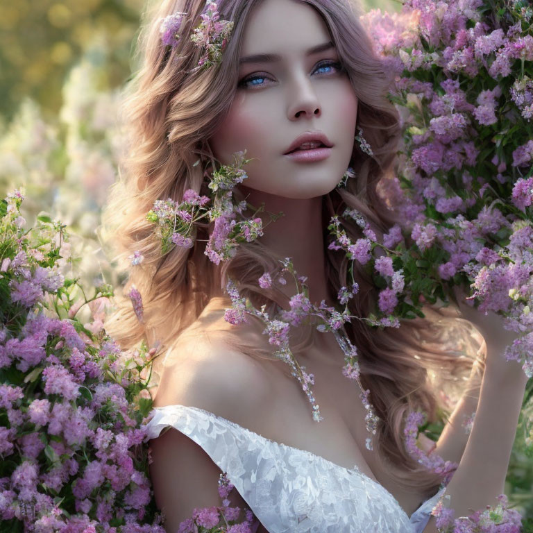 Woman with Wavy Hair and Blue Eyes Among Pink Flowers
