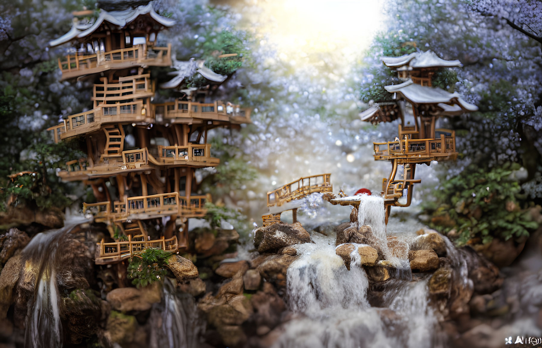 Miniature landscape with wooden treehouses, cherry blossoms, rocks, and waterfalls under glowing light
