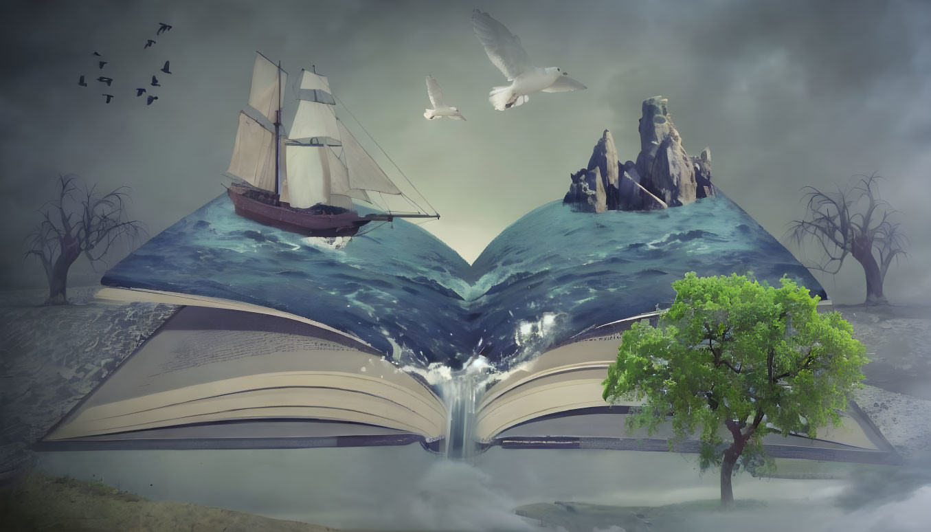Open book with ocean, ship, trees, and birds on pages under hazy sky