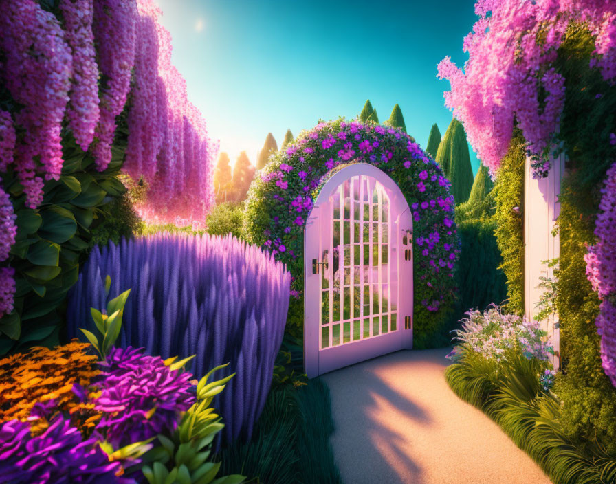 Whimsical garden pathway with ornate white gate and blooming purple flowers