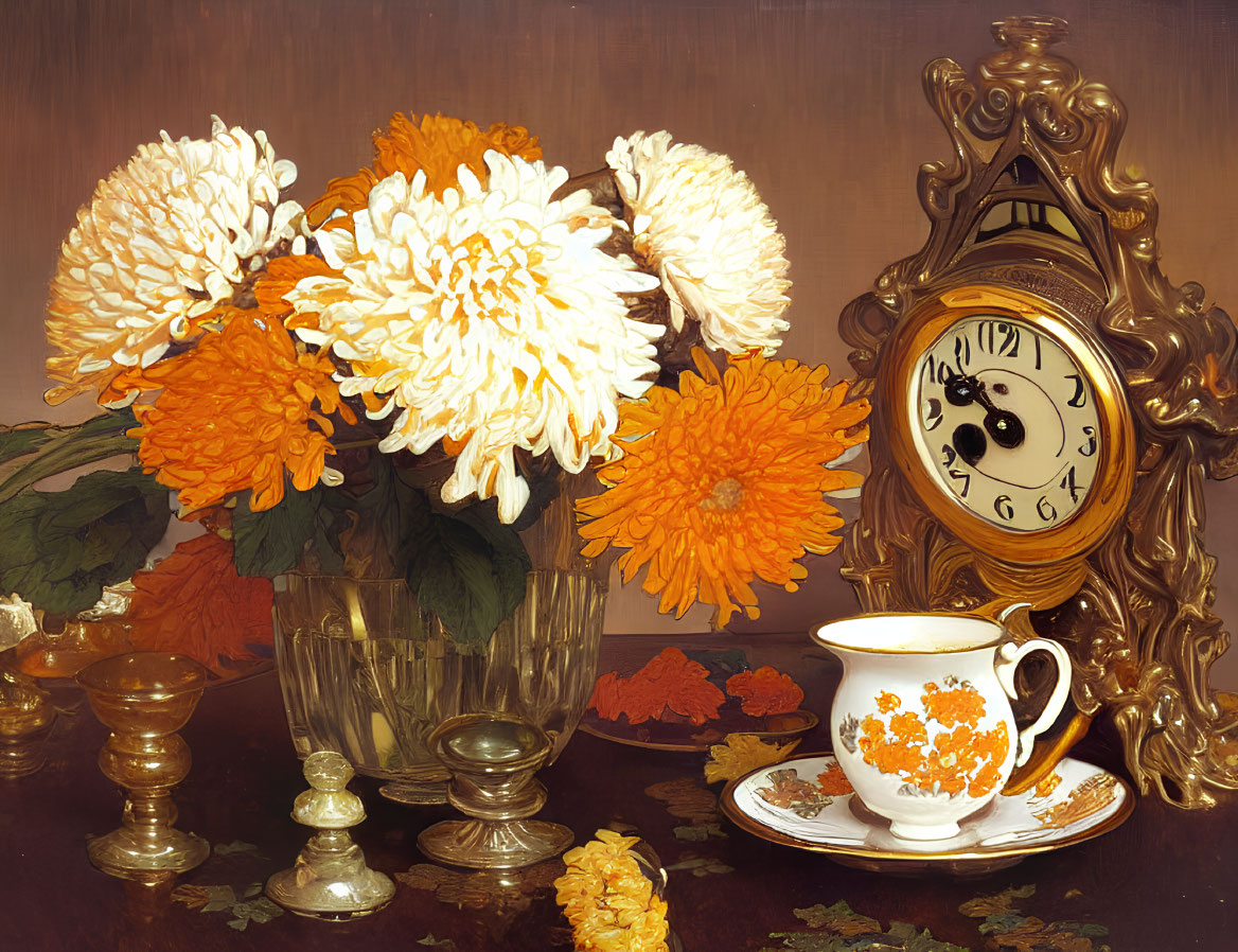 Vibrant chrysanthemums, clock, candlestick, teacup on wooden surface