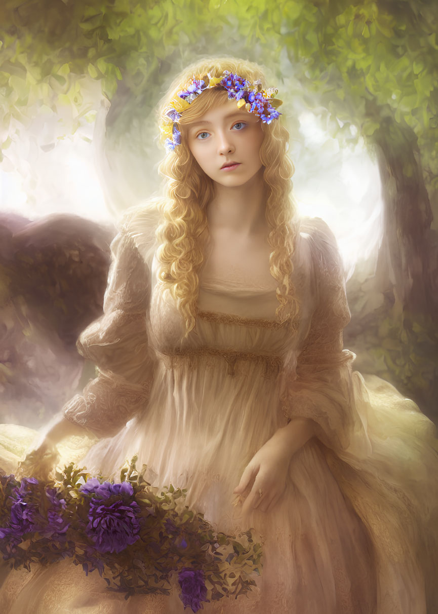 Blonde woman in golden dress with blue flower wreath in forest scene