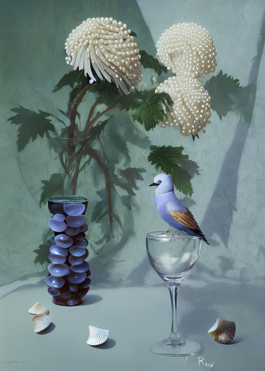 Bird perched on wine glass with grapes, shells, and flowers on patterned backdrop