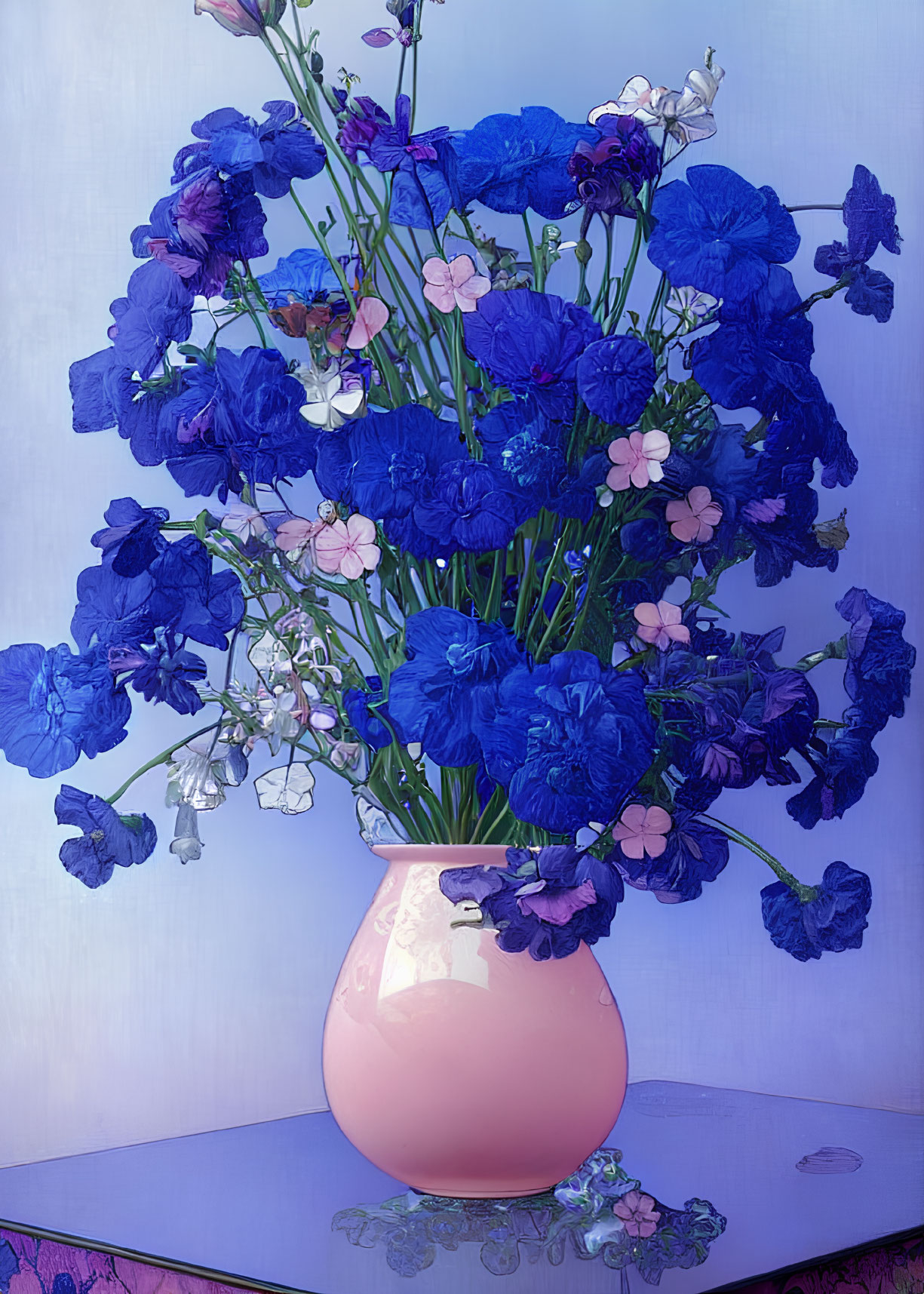 Blue and Pink Flower Bouquet in Pastel Pink Vase on Blue Gradient Background