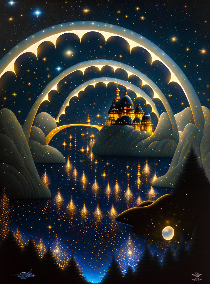 Night scene with illuminated arches, castle, stars, whale tail, and moon reflection.