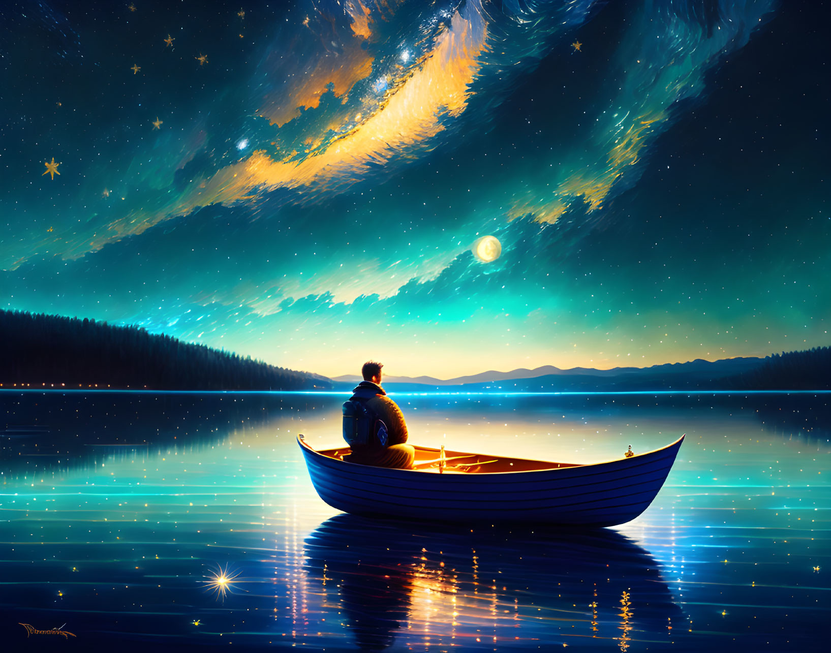 Person in boat admiring starry night sky over calm lake