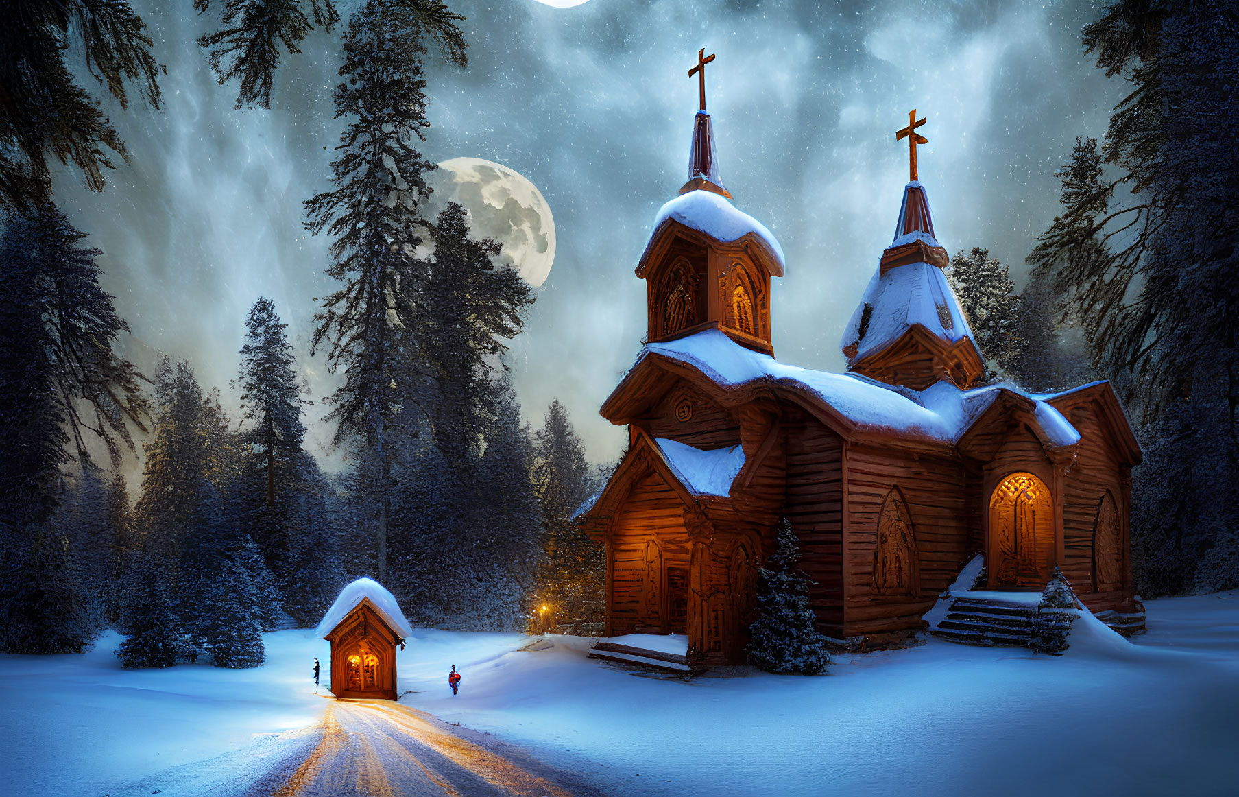 Snowy forest night scene with two wooden churches, moonlit interiors, and a figure approaching one.