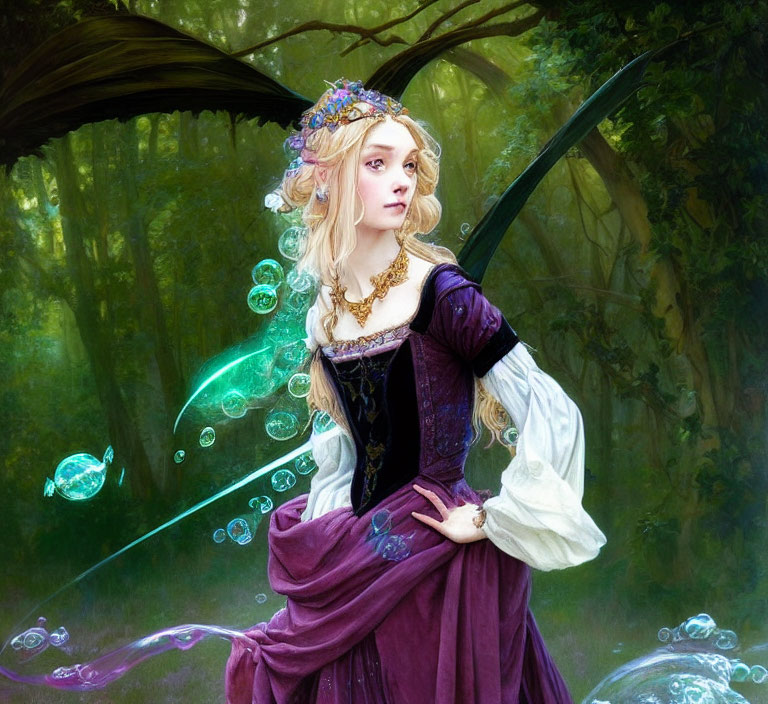 Fantasy artwork: Woman in medieval dress with jewels, dark wings, bubbles in lush green forest