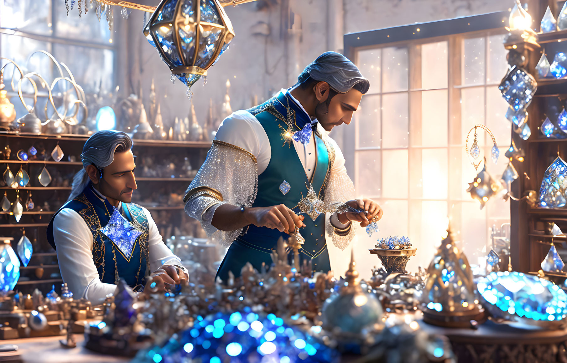 Men in ornate clothing examine intricate jewelry at lavish workshop