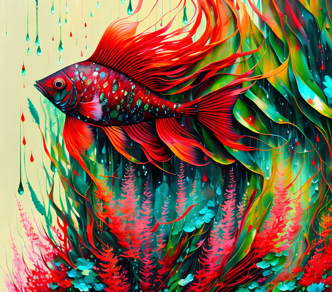 Colorful Betta Fish Swimming Among Aquatic Plants with Paint Effects